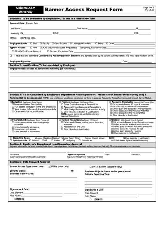 Banner Access Request Form - Alabama A&m University Printable pdf