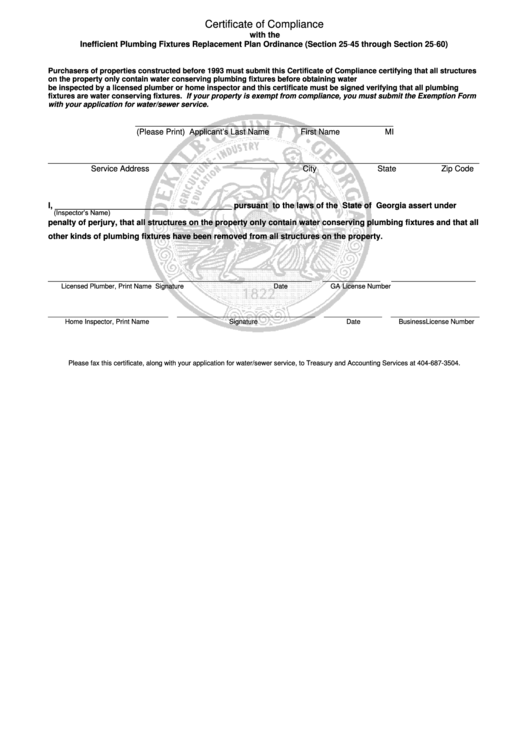 Certificate Of Compliance With The Inefficient Plumbing Fixtures Replacement Plan Ordinance (Section 25-45 Through Section 25-60) Printable pdf