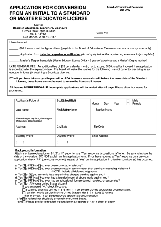 Application For Conversion From An Initial To A Standard Or Master Educator License Printable pdf