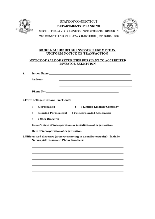 Fillable Model Accredited Investor Exemption Form Printable pdf