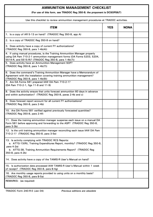 Ammunition Management Checklist - Tradoc Printable pdf