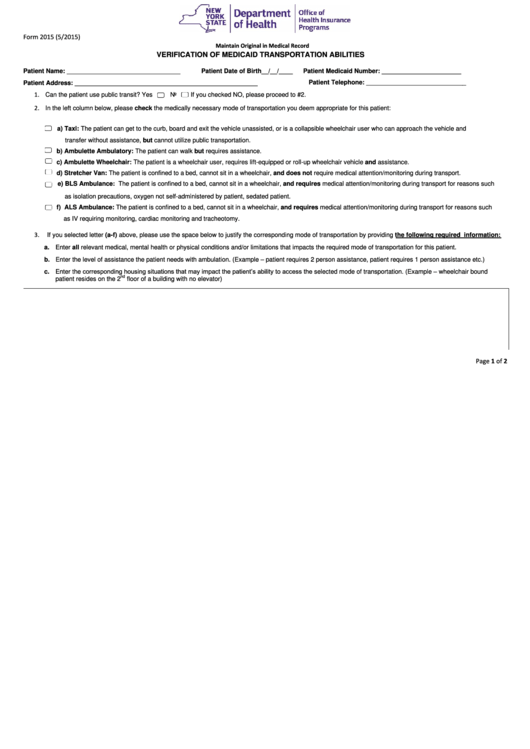 Verification Of Medicaid Transportation Abilities Form Printable pdf