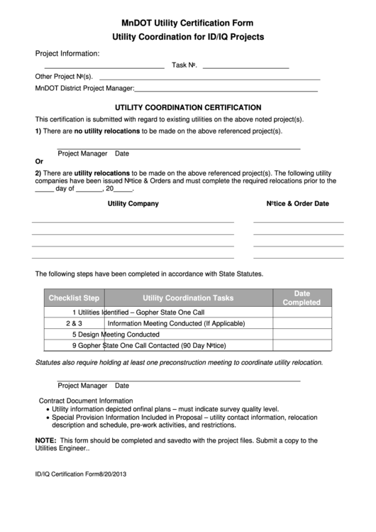 Fillable Mndot Utility Certification Form Utility Coordination For Id/iq Projects Printable pdf