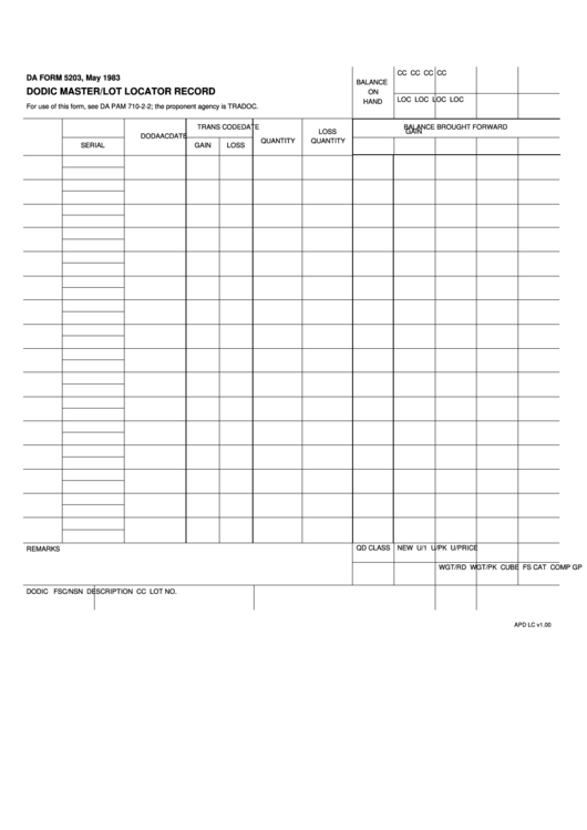 Fillable Dodic Master/lot Locator Record - Apd Printable pdf