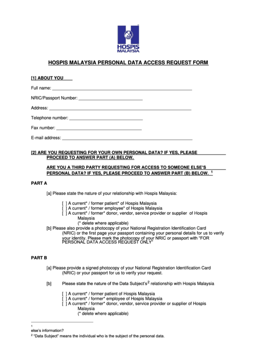 Hospis Malaysia Personal Data Access Request Form Printable pdf