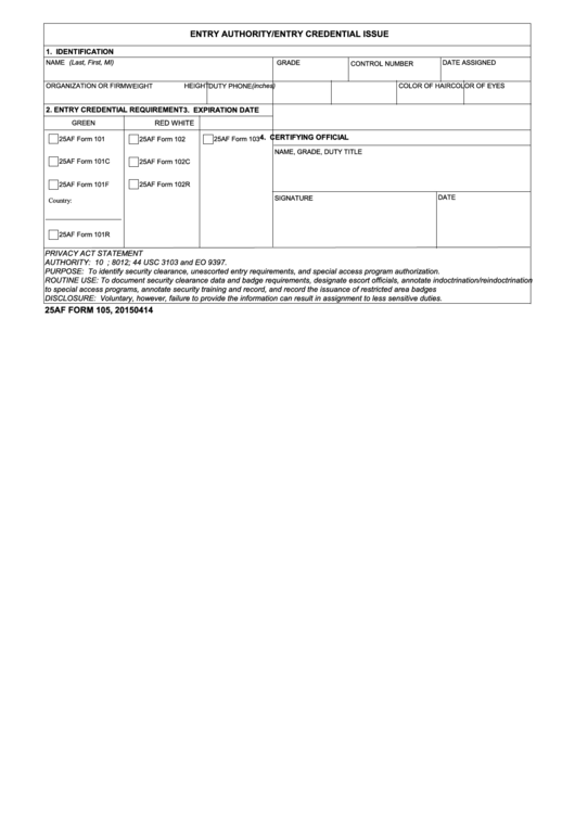 Fillable Entry Authority/entry Credential Issue 25af Form 105, 20150414 Printable pdf