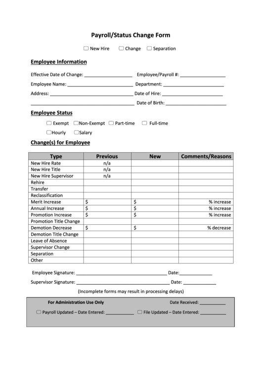 Payroll/status Change Form - Gw Human Resources Printable pdf