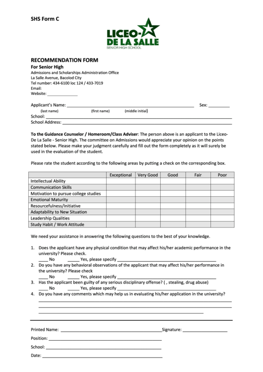 Shs Form C Recommendation Form For Senior High - University Of St. La Salle Printable pdf