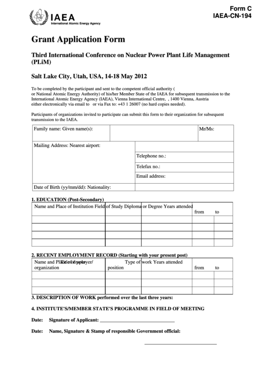 Form C Grant Application Form - International Atomic Energy Agency Printable pdf