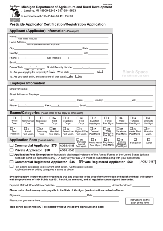 Pesticide Applicator Certification/registration Application Printable pdf