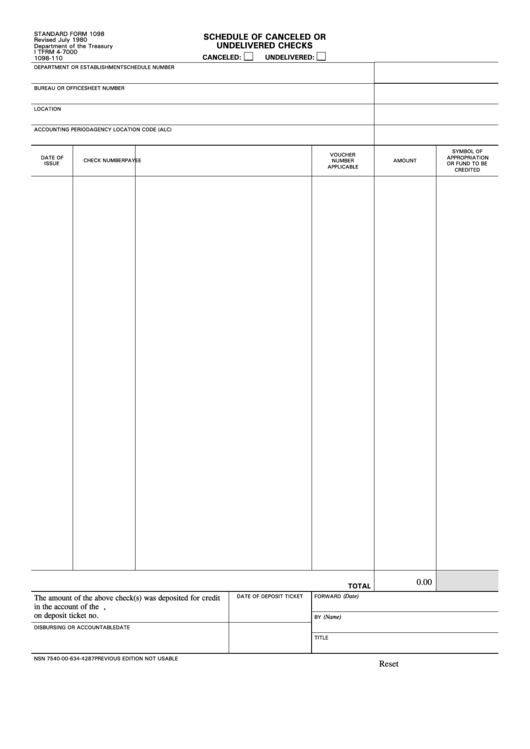 Standard Form 1098, Schedule Of Canceled Or Undelivered Checks Printable pdf