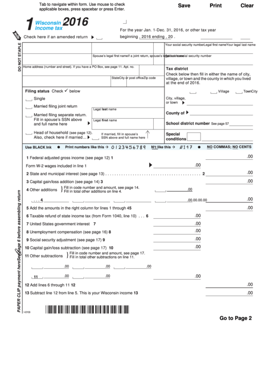 Fillable Form 1 - Wisconsin Income Tax - 2016 Printable pdf