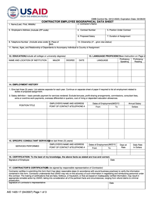 Form Aid 1420-17 - Contractor Employee Biographical Data Sheet Printable pdf
