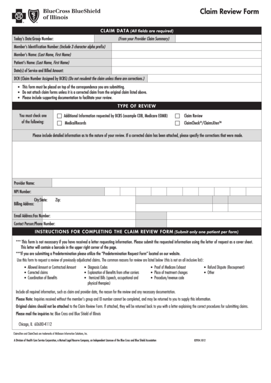 Fillable Claim Review Form - Blue Cross And Blue Shield Of Texas printable pdf download