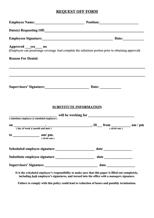 Request Off Form - Pine Valley Swim And Tennis Club Printable pdf