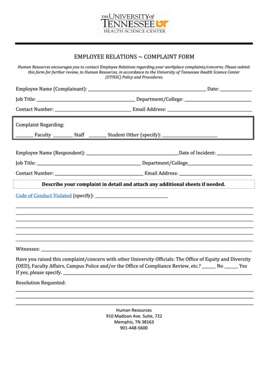 Fillable Employee Relations - Complaint Form - The University Of Tennessee Printable pdf