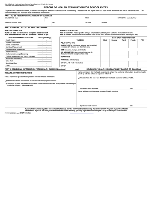 Report Form Of Health Examination For School Entry