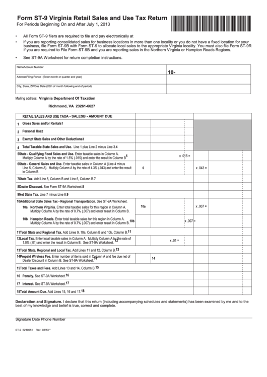 Fillable Form St-9 Virginia Retail Sales And Use Tax Return Printable pdf