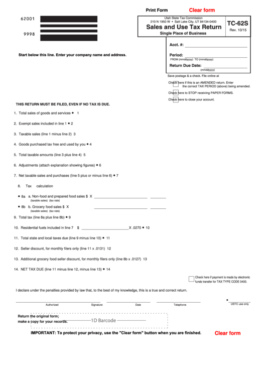 Fillable Tc-62s, Sales And Use Tax Return For Single Place Of Business Printable pdf