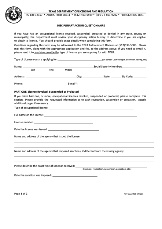 Disciplinary Action Questionnaire - Texas Department Of Licensing And Regulation Printable pdf