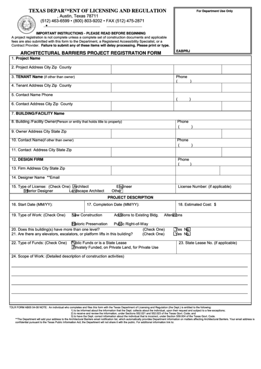 Tdlr Form Ab05 04 08 Architectural Barriers Project Registration Form 