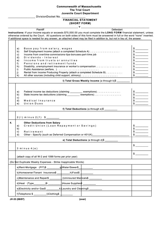 Financial Statement - Short Form - Juvenile Court Printable pdf