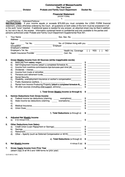Financial Statement - Short Form (Standard) Printable pdf