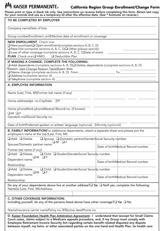 Kaiser Enrollment Form Printable pdf