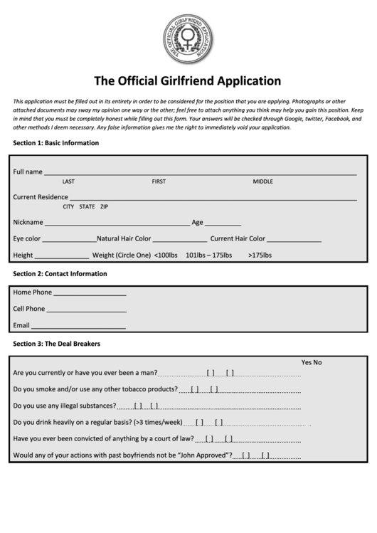 The Official Girlfriend Application Form Printable pdf