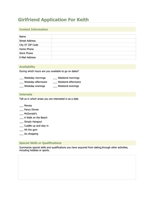 Girlfriend Application Form Printable pdf