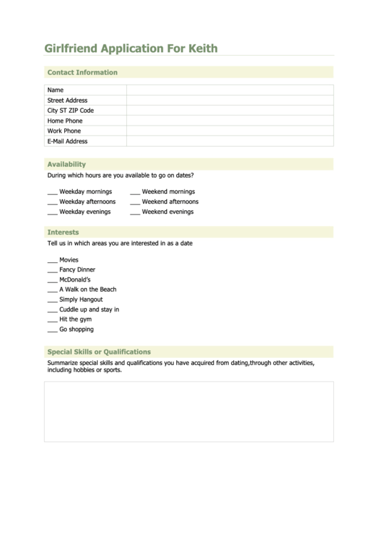 Girlfriend Application Form Printable Pdf Download 9814