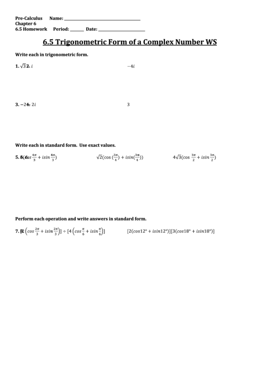 Trigonometric Form Of A Complex Number Ws Printable pdf