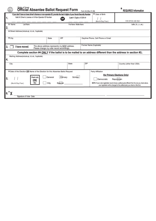 Fillable State Of Iowa Official Absentee Ballot Request Form Printable pdf