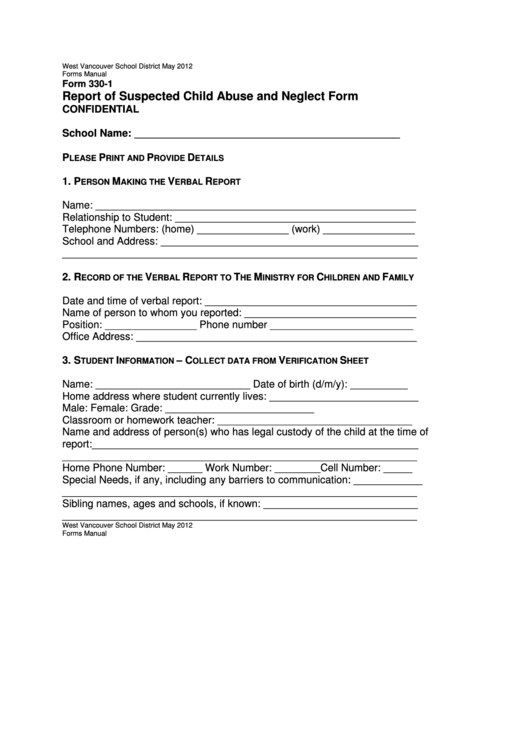 Form 330-1 Report Of Suspected Child Abuse And Neglect Form Confidential Printable pdf