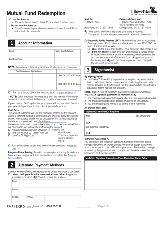Fillable Mutual Fund Redemption - T. Rowe Price Printable pdf