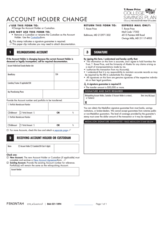 Fillable Account Holder Change - T. Rowe Price Printable pdf