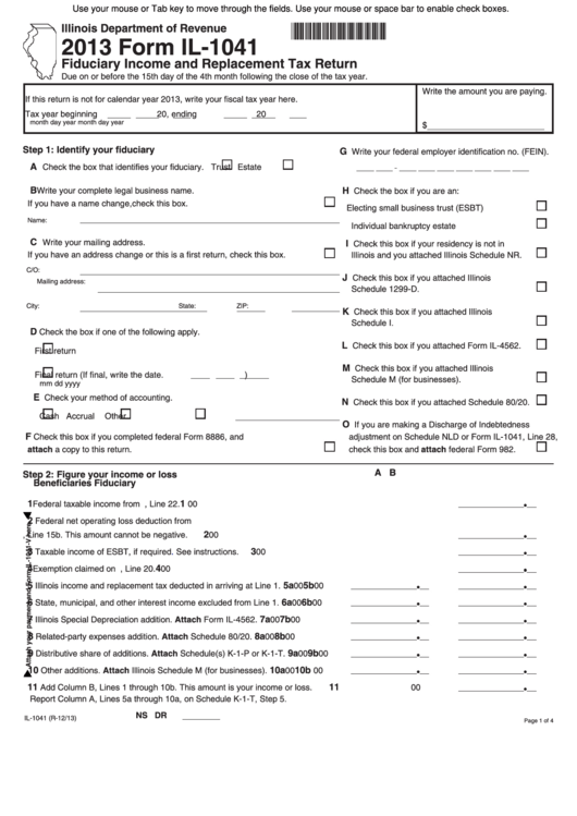 Fillable Form Il-1041 - Fiduciary Income And Replacement Tax Return - 2013 Printable pdf