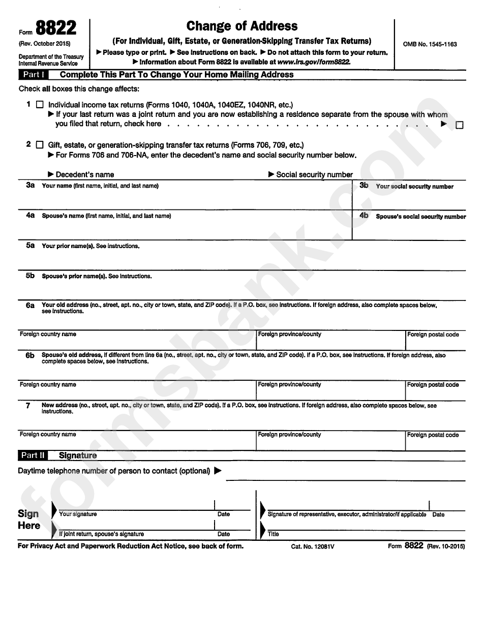 Federal Change Of Address Form - Form 8822