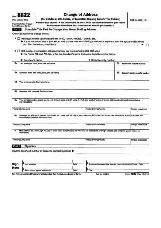 Federal Change Of Address Form - Form 8822 Printable pdf