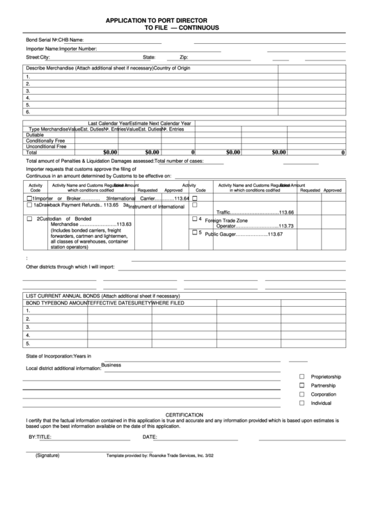 Fillable Application To Port Director U.s. Customs Service - Goodship ...