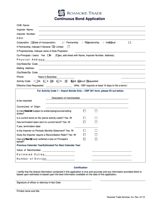 Fillable Continuous Bond Application - Itg Boston Printable pdf