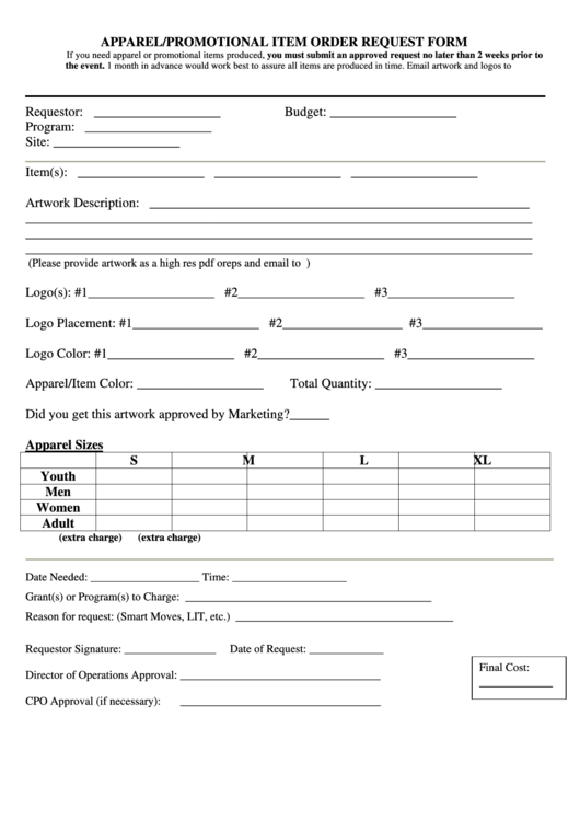Purchase Order Request Form - Apparel/promotional Item Order Request Form Printable pdf