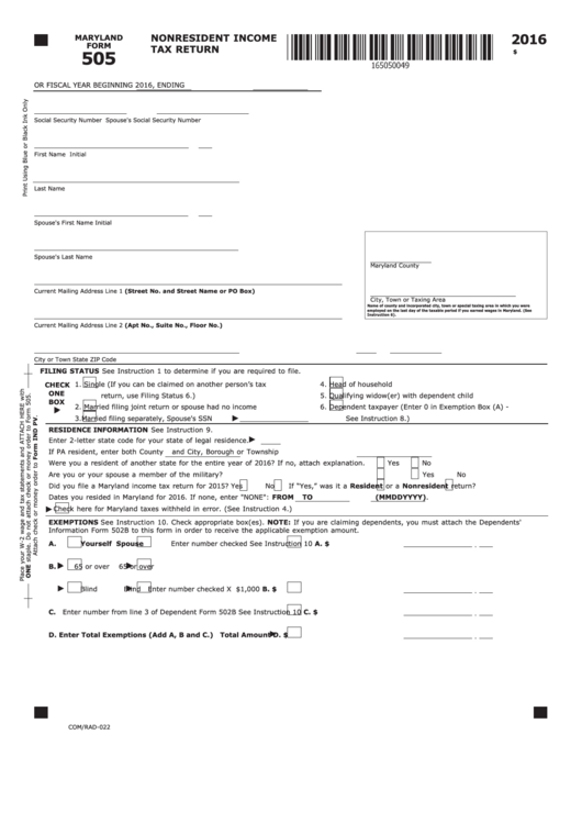 Maryland Form 505 - Nonresident Income Tax Return - 2016