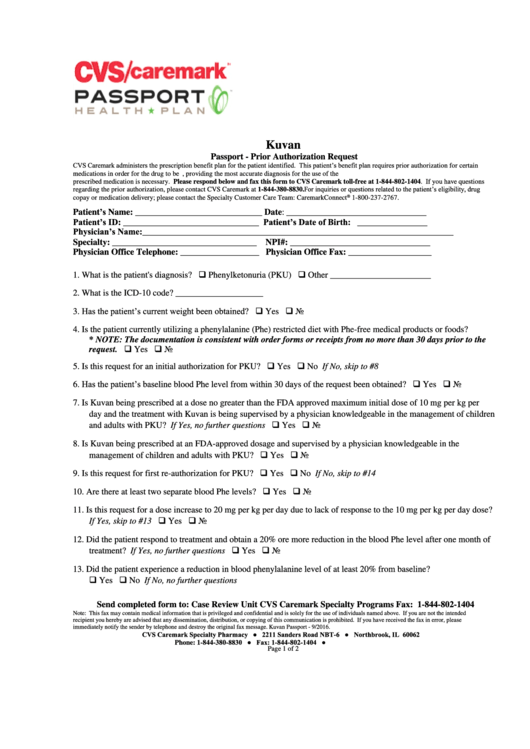 Kuvan Passport - Prior Authorization Request Form Printable pdf