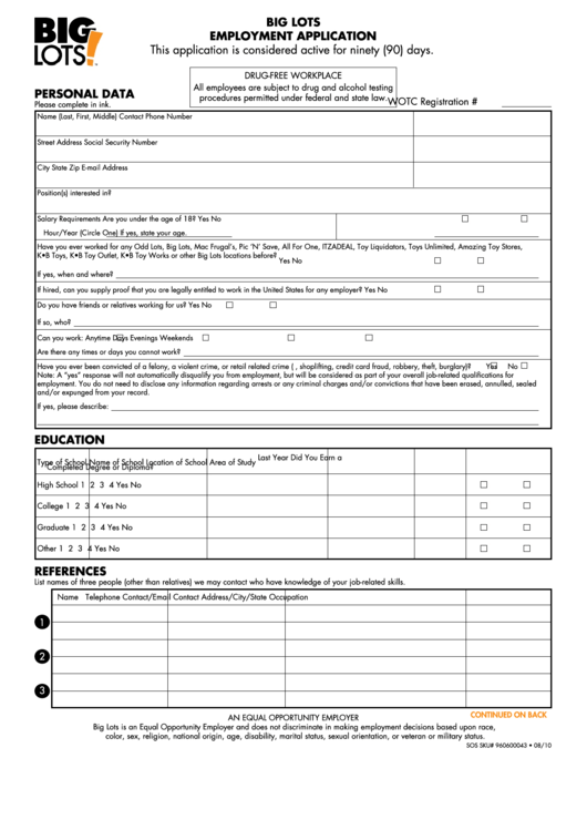 Form 8850 - Big Lots Employment Application Printable pdf
