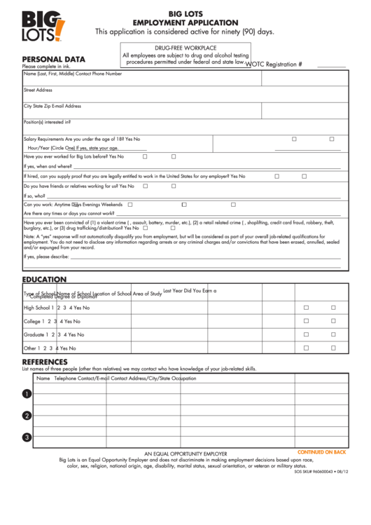 Form 8850 - Big Lots Job Application Form - Job Application Review Printable pdf