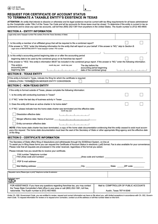 Fillable Form 05 359 Request For Certificate Of Account Status To 
