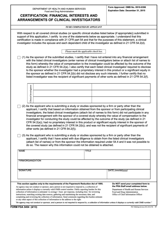 Form Fda 3454 - Certification: Financial Interests And Arrangements Of Clinical Investigators Printable pdf