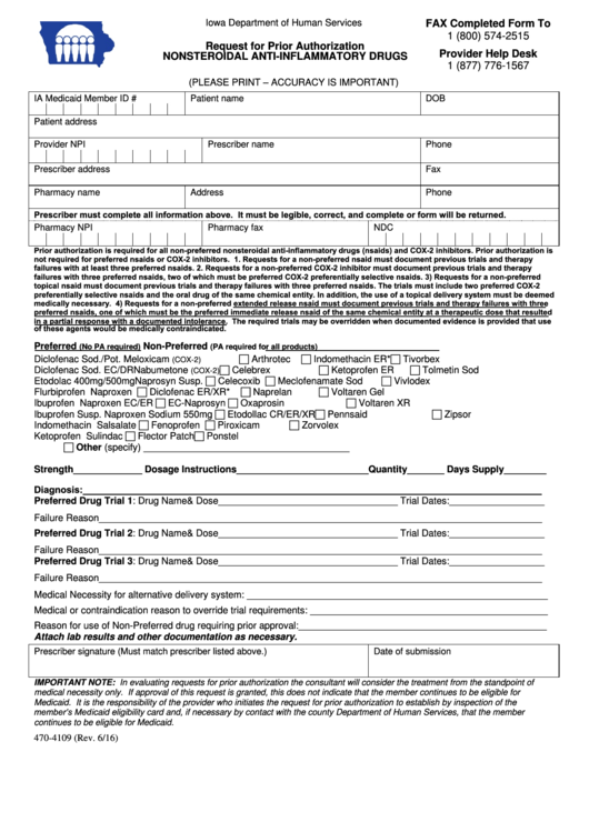 Request Form For Prior Authorization Nonsteroidal Anti-inflammatory Drugs - Iowa Department Of Human Services