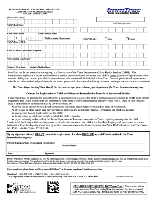 Texas Department Of State Health Services Immunization Registry (Immtrac) Minor Consent Form Printable pdf